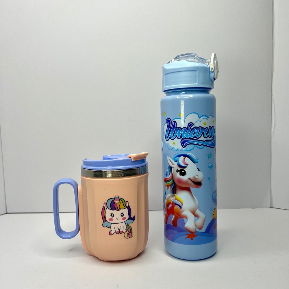 Blue/Peach Unicorn Water Bottle & Mug Set‎ Kids Insulated Kawaii Fairy Cute
